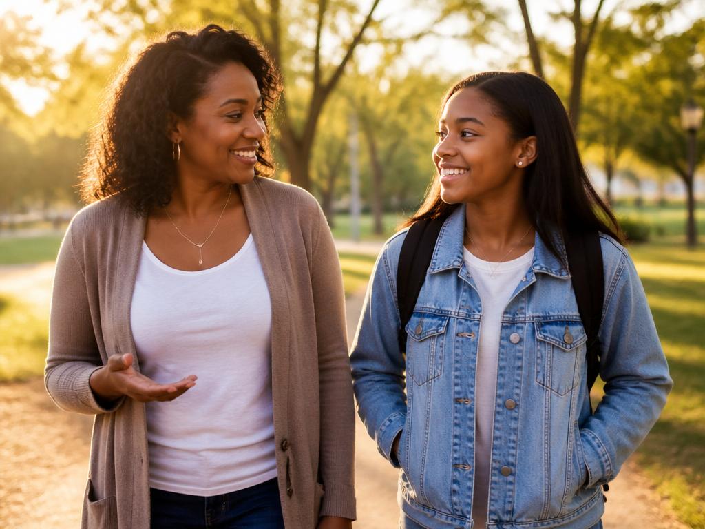 African American woman mentor walking and talking with a teenage girl